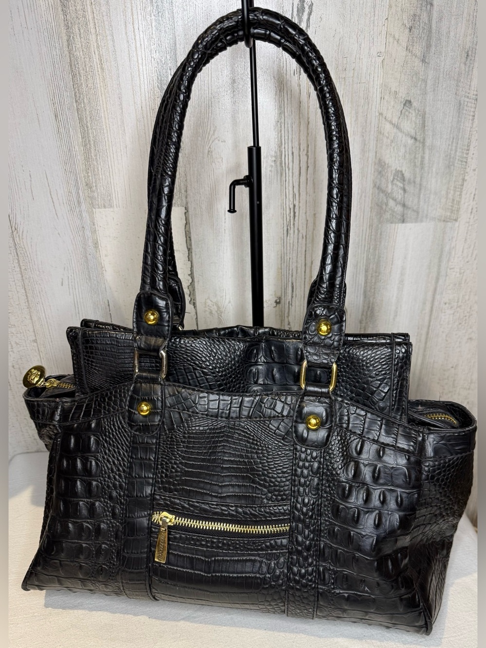 Vecceli Italy Vintage Black Croc-Embossed Tote Bag EUC